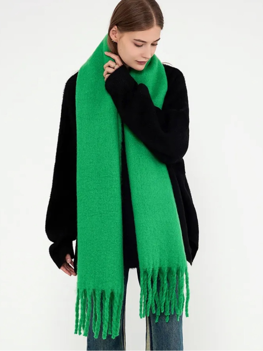 Cozy Oversized Fringe Scarf in Bright Green - Picture 6 of 10